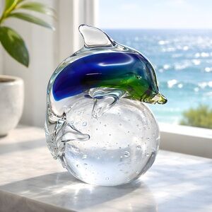 Glass Dolphin Sculpture Paperweight With Bubbles
